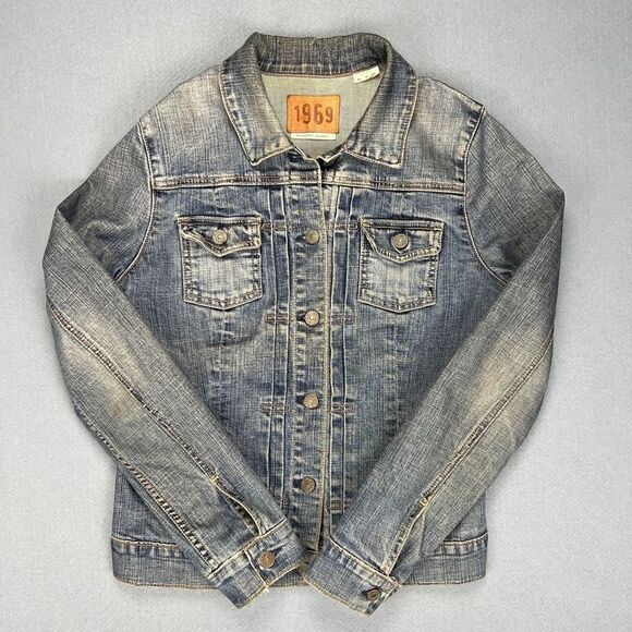 VTG Gap Jean Jacket Womens M 2002 Stretch Trucker Stretch Medium Wash Denim Y2K - Picture 1 of 13